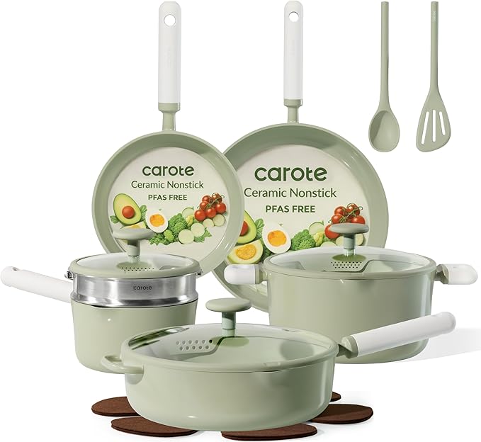 CAROTE Pots and Pans Set Non stick, 15pcs Ceramic Cookware Set Nonstick Non Toxic Cookware,Dishwasher,RV/Camping Cookware Set,Green