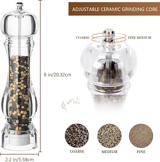 LHS Pepper Mill Grinder Set, 2Pcs Salt Grinder Peppercorn Grinders with Adjustable Coarseness-Clear