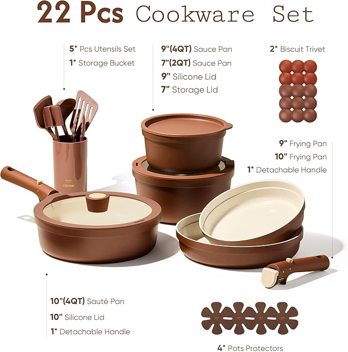 CAROTE 22Pcs Ceramic Cookware Set, Pots and Pans Set Non Stick Removable Handles, Non Toxic Cookware Oven/Dishwasher Safe, Induction Cookware, Gift Set, NonStick Cookware Set with Kitchen Essentials