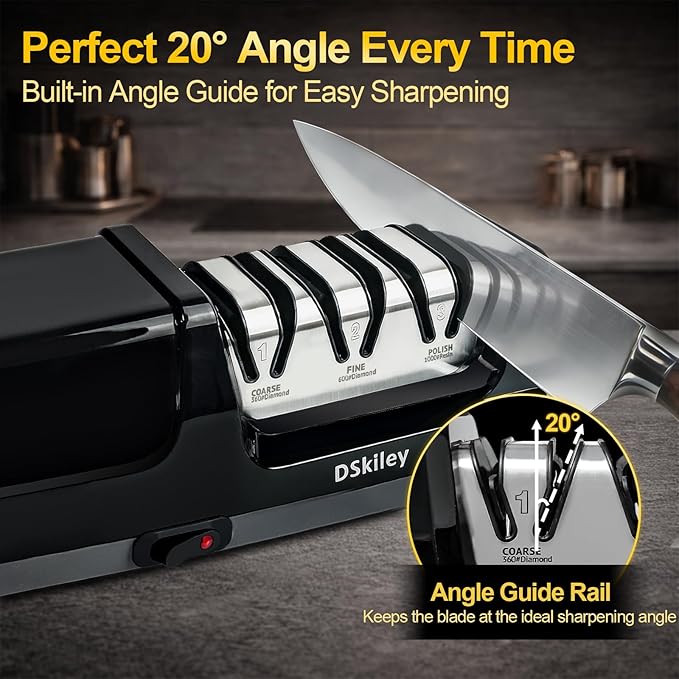 Electric Knife Sharpener for Kitchen – Professional 3-Stage 100% Diamond System with 20° Precision Angle, Fast Sharpening to Restore & Polish Chef Knives(Black)