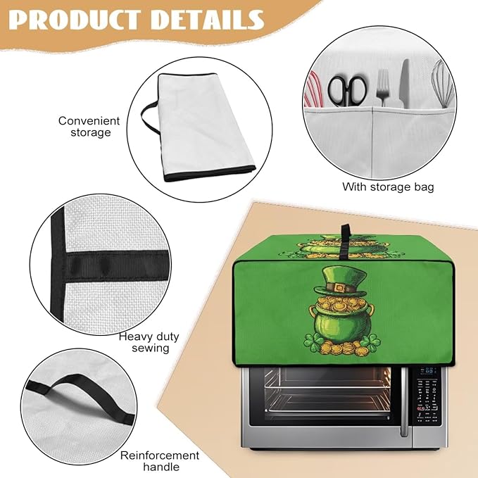 Clover Top Hat Gold Lucky Coin Print Toaster Oven Cover for St. Patrick's Day Decor, Microwave Cover for Kitchen Countertop Appliance Dust Protector Decorative Oven Accessories, Green, S