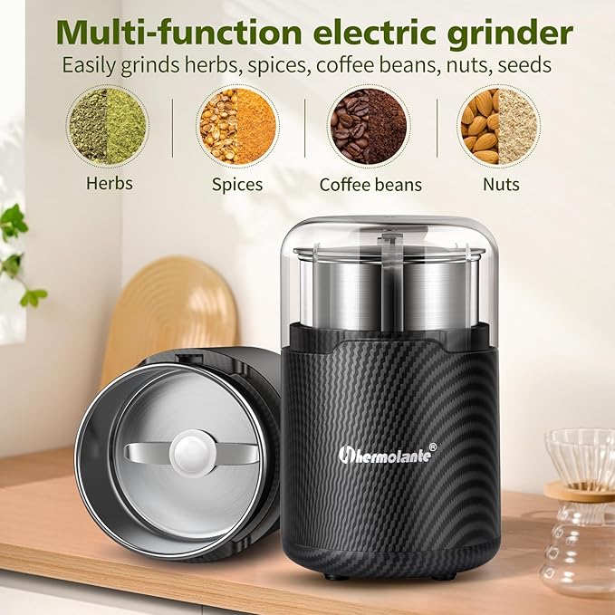 Hermolante 150W Electric Herb and Spice Grinder, 60g (2.1oz), 304 Stainless Steel Cup and Blade, Lid-Activated Safety Press-Top, Compact, Cleaning Brush Included, for Coffee Beans, Nuts, Seeds