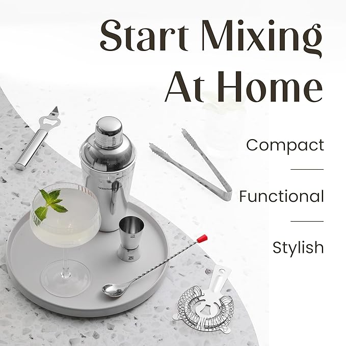 Modern Mixology Cocktail Shaker Set - Bartender Kit with Pine Stand | Leak-Proof Design | Includes Martini Shaker, Jigger, Strainer, Spoon, Tongs | Perfect Bar Tools Gift for Home Mixology (Silver)