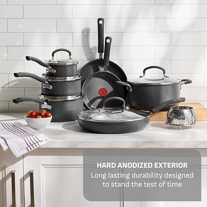 T-Fal Ultimate Hard Anodized Nonstick 13 Piece Cookware Set, Oven Safe Up to 400°F, Pots and Pans Set, Includes Frying Pans, Saucepan, Stockpot, Cooking Utensils, Stone