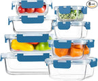 HOMBERKING 8 Pack Glass Food Storage Containers with Lids, Meal Prep Containers, Airtight Bento Boxes with Leak Proof Locking for Microwave, Oven, Freezer and Dishwasher, BPA Free, 5-35oz, Deep blue