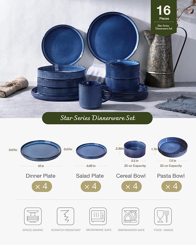 Famiware Star 16-Piece Stoneware Dinnerware Set, Service for 4 - Shallow Pasta Bowls & Flat Plates, Modern Rustic Reactive Glaze Dishes, Chip/Scratch Resistant, Microwave/Dishwasher Safe, Nebulas Blue