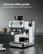 HERTELLA Espresso Machines with Burr Grinder, 20 Bar Visual Pressure Gauge, Milk Frother Steam Wand, Stainless Steel, 4 Temperature Modes (Hot and Cold Brew)，Automatic Pressure Release Function
