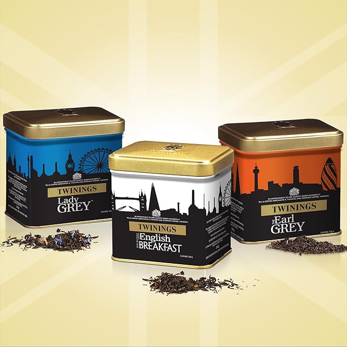 Twinings London Skyline Red, White, & Blue Commemorative Collection of Loose Leaf Teas, Limited Edition Gift Set, 100g Tins (Pack of 3), Original English Breakfast, The Earl Grey, & Lady Grey Tins