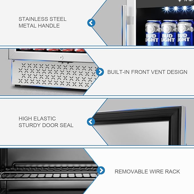 Tylza 24 Inch Beverage Refrigerator, 190 Can Capacity, Glass Door, Advanced Cooling Tech, Ideal for Beer, Soda, or Wine, Quiet Operation