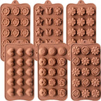 6 Pack Flower Shape Chocolate Candy Molds Silicone, Food-Grade Non-Stick Jelly & Baking Molds, Crayon Molds, BPA-Free, Including Heart, Rose, Tulip, Daisy, Sunflower, and Other Flowers (Brown)