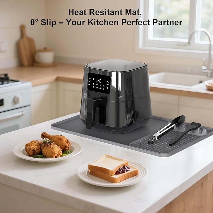 Silicone Heat Resistant Mats for Countertop,24x16 Inch Air Fryer Mat with Kitchen Accessories Holder Pad for Microwave/Oven,Compatible with Ninja/Cosori/Chefman/Toshiba,Kitchen Countertop Protector