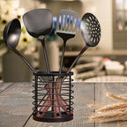 Utensil holder for Kitchen Counter - 5.2" x 5.2" x 6" Large Round Utensils Holder with Wooden Base Matte Black Cooking Utensil Holder，Kitchen countertop Utensil Organizer