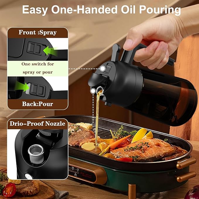 LAKUMIQI 2 in 1 Oil Sprayer for Cooking, 16oz Olive Oil Dispenser Bottle for Kitchen, Food Grade Light-Blocking Leak Proof Glass Spray Bottle for Salad, Air Fryer, BBQ