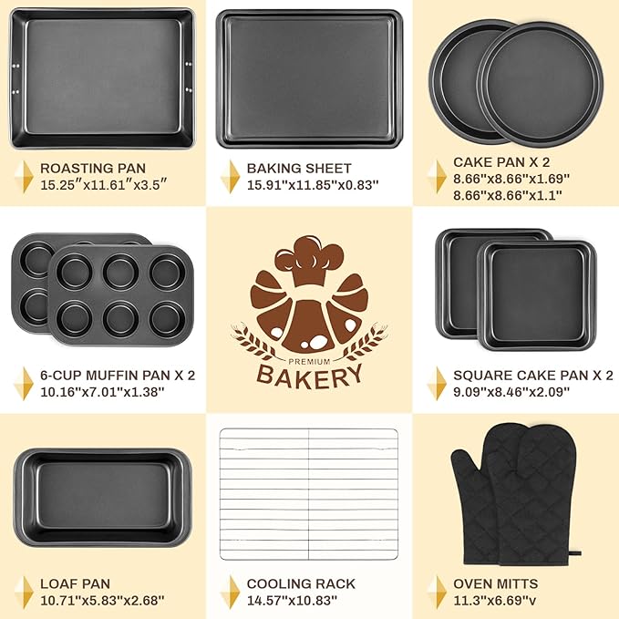 12PCS Nonstick Bakeware Set, Non-Toxic Carbon Steel Baking Pans Set with Wider Grip, Includes Roasting Pan, Cookie Sheet, Cake Pans, Muffin Pans, Cooling Rack, Oven Mitts, Easy Release