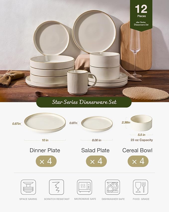 Famiware Star 12-Piece Stoneware Dinnerware Sets with Trim, Service for 4, Ceramic Plates and Bowls Set, Modern Rustic Dishes, Everyday/Formal, Chip/Scratch Resistant, Microwave/Dishwasher Safe, White