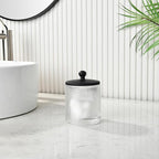 Clear Transparent Apothecary Ribbed Geometric Etched Glass Jar W/Matte Black Metal Lid Cover for Bathroom Organization, Cotton Balls, Q Tips, and Small Accessories, Bathroom Storage