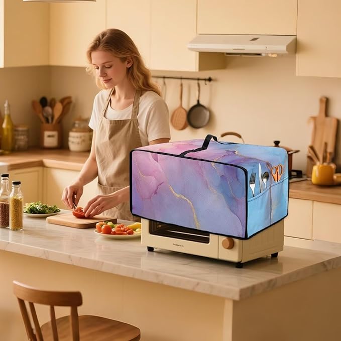 Marble Print Toaster Oven Cover, Heavy Duty Heat-Resistant Air Fryer Cover for Kitchen Counter, Small Appliances Dust Slipcovers, Blue Pink Gold, (Large-18.5*22.5*12.99 inches)
