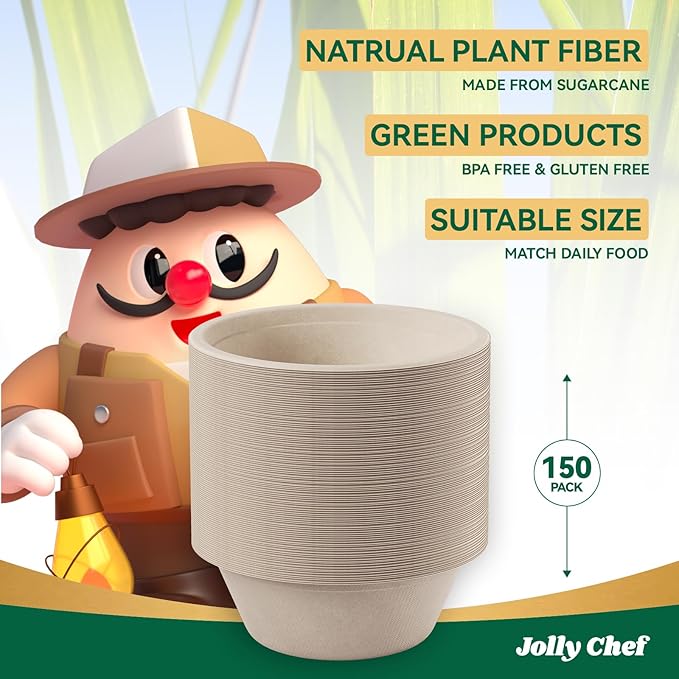 JOLLY CHEF Compostable Disposable Paper Bowl [16 oz] Heavy Duty Soup Containers [150 Pack] Biodegradable Bagasse Hot Cold Eco-Friendly Natural Sugarcane Microwavable Bowls for Dinner Christmas