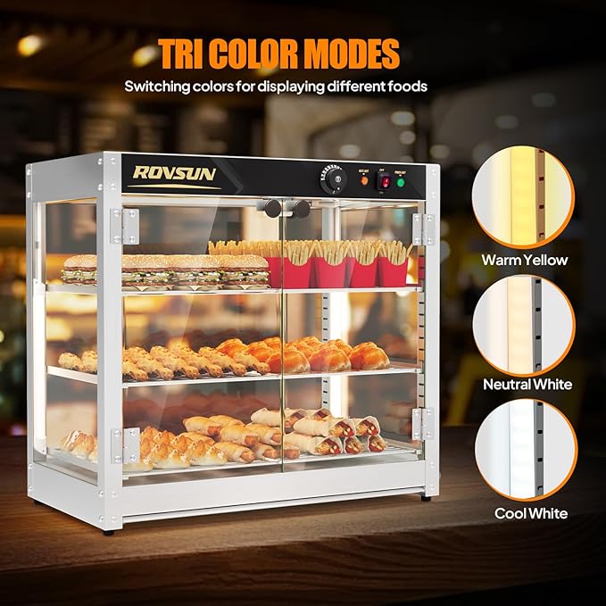 ROVSUN 3-Tier Commercial Food Warmer, 27" Pizza Warmer Food Warmer Display with LED Adjustable Lighting Glass Door Removable Shelves, Countertop Electric Food Warmer for Buffet Restaurant 110V 800W