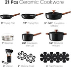 CAROTE 21pcs Cookware Set Nonstick Pots and Pans Set, Ceramic Cookware Set Induction Cookware, Non toxic Healthy Non Stick Kitchen Cooking Set, PFAS PTFE Free, Black