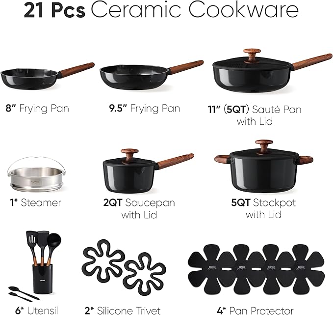 CAROTE 21pcs Cookware Set Nonstick Pots and Pans Set, Ceramic Cookware Set Induction Cookware, Non toxic Healthy Non Stick Kitchen Cooking Set, PFAS PTFE Free, Black