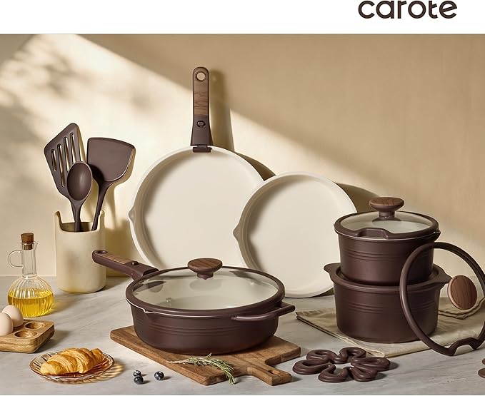 CAROTE 22Pcs Titanium Cookware Set, Pots and Pans Set Non Stick, Kitchen Cooking Set with Detachable Handle, Non Toxic Induction Cookware, Dishwasher/Oven Safe, Browm