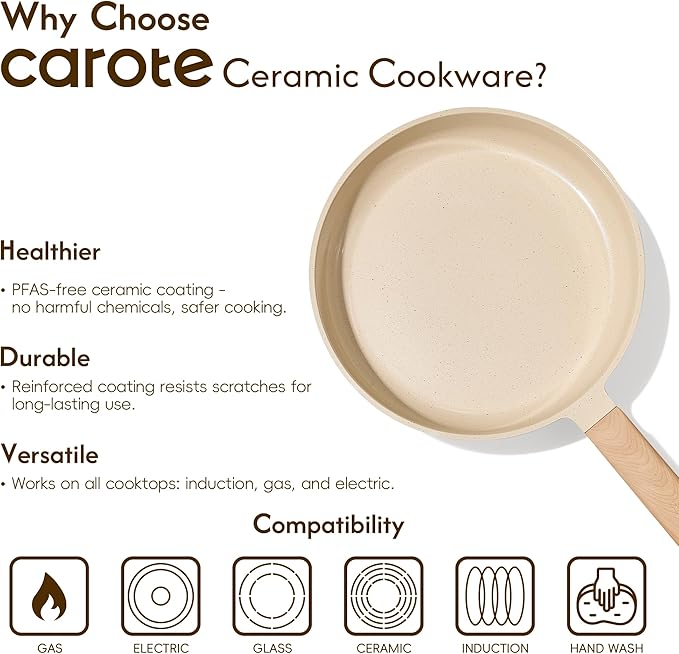 CAROTE 10" Frying Pan Set, Non-Toxic PTFE & PFOA Free Fry Pan & Omelet Pan, Compatible with Induction, Ceramic, Gas Cooktops