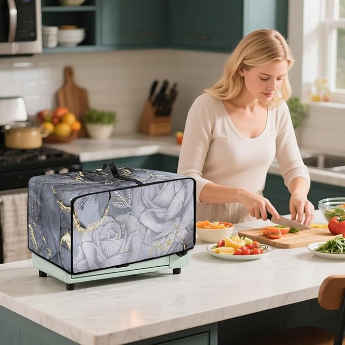 Marble Rose Flower Print Toaster Oven Cover, Stain-Resistant Air Fryer Cover with Storage Pocket, Kitchen Decorative Oven Protector, Black Grey Gold, (Large-18.5*22.5*12.99 inches)