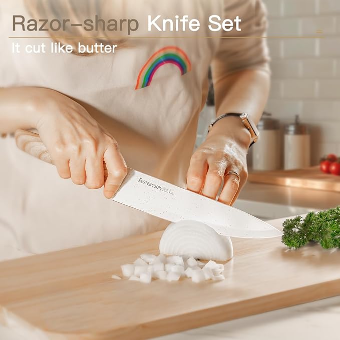 Astercook Knife Set, 13 Pieces Kitchen Knives Set with Ceramic Coating, Stainless Steel Chef Knife Sets with 6 Blade Guards, Dishwasher Safe Knives with Wooden Handle, White