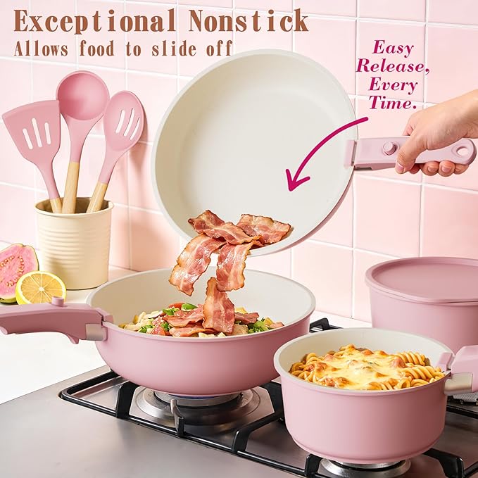 Umite Chef Pots and Pans Set Non Stick, 21 pcs Nonstick Ceramic Cookware Set, RV Kitchen Cooking Set with Detachable Handles, Oven Safe, Induction Cookware, Stackable, Pink, PFAS PFOA & PTFE Free