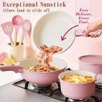 Umite Chef Pots and Pans Set Non Stick, 21 pcs Nonstick Ceramic Cookware Set, RV Kitchen Cooking Set with Detachable Handles, Oven Safe, Induction Cookware, Stackable, Pink, PFAS PFOA & PTFE Free