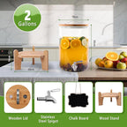 2 Gallon Drink Dispenser, Glass Beverage Dispenser with Wood Stand, Lemonade Dispenser with Airtight Valve and Stainless Steel Spigot Fruit Infuser, Thick Drink Dispenser for Parties Restaurants