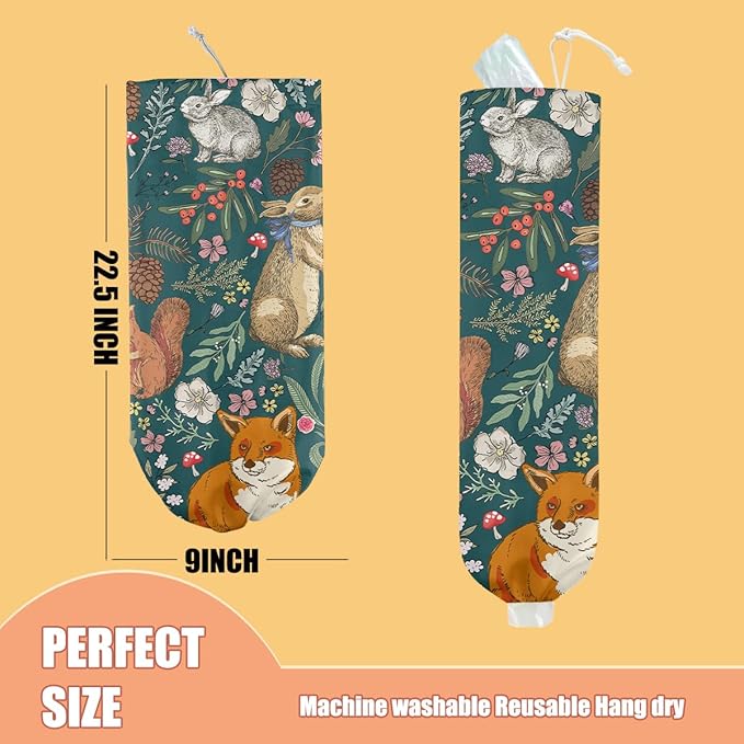 Forest Animals Plastic Bag Holder, Wall Mount Grocery Bag Holder, Plastic Storage bag, Pull Rope Free Adjustment, Plastic Bag Holders for Grocery Bags, Plastic Bag Dispenser for Home Kitchen Cabinet
