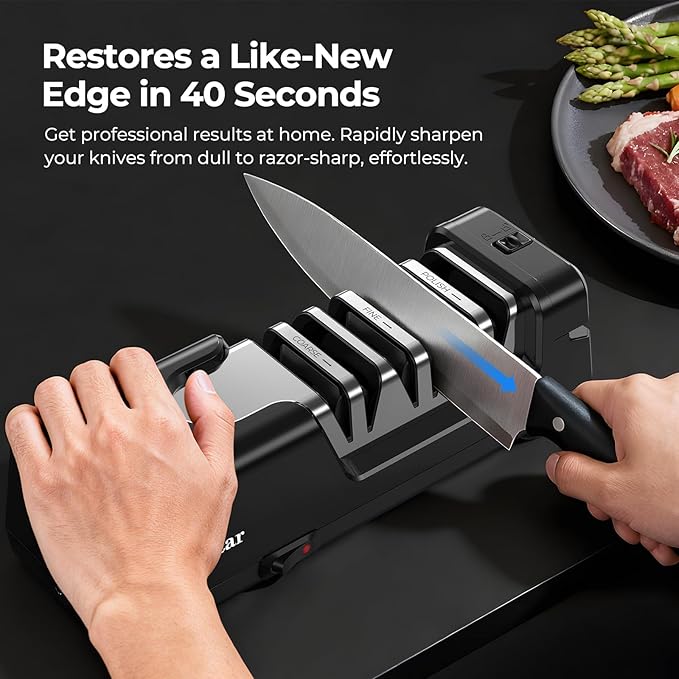 Electric Knife Sharpener, Precise 20° Diamond Knife Sharpener for Kitchen Knives, Quick Repairing in 40 Seconds, with Metal Dust Collection Box & Special Port for Scissors, Black