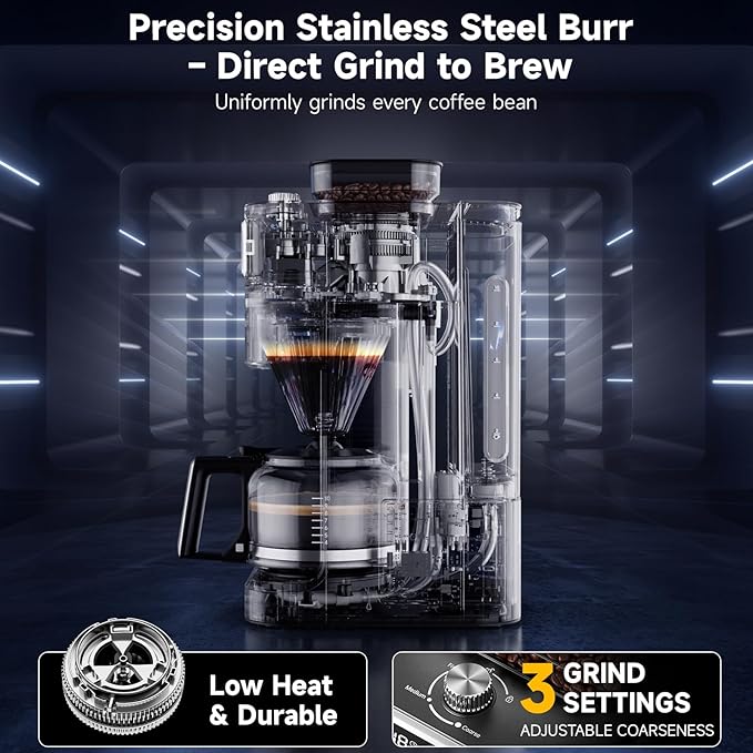 Drip Coffee Maker with Built-in Grinder, 10-Cup Coffee Machine with 24-Hour Delay Timer, Touch Screen, Self-Cleaning, Reusable Filter, 1.5L Removable Water Tank, Warming Plate, Silver