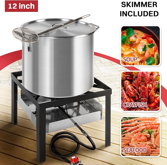 60QT Crawfish Boiler | Seafood Boiling Kit | Dustproof Cover & 12" Skimmer Included | 110,000BTU Propane Jet Burner | 0-20 PSI CSA Certified Regulator | Crab Boil Pot for Outdoor Backyard Cooking
