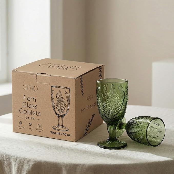 Vintage Green Stemmed Goblets Set of 4, Fern Embossed Textured Glass Wine Goblets, Retro Boho Colored Stemware, Decorative Drinking Glasses for Water, Wine & Cocktails, Vintage Glassware Gift Set
