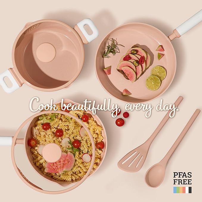 CAROTE Pots and Pans Set Nonstick, Ceramic Cookware Set, Pink Cooking Set Kitchen Induction Set with Steamer, PFAS PTFE Free,9 Piece