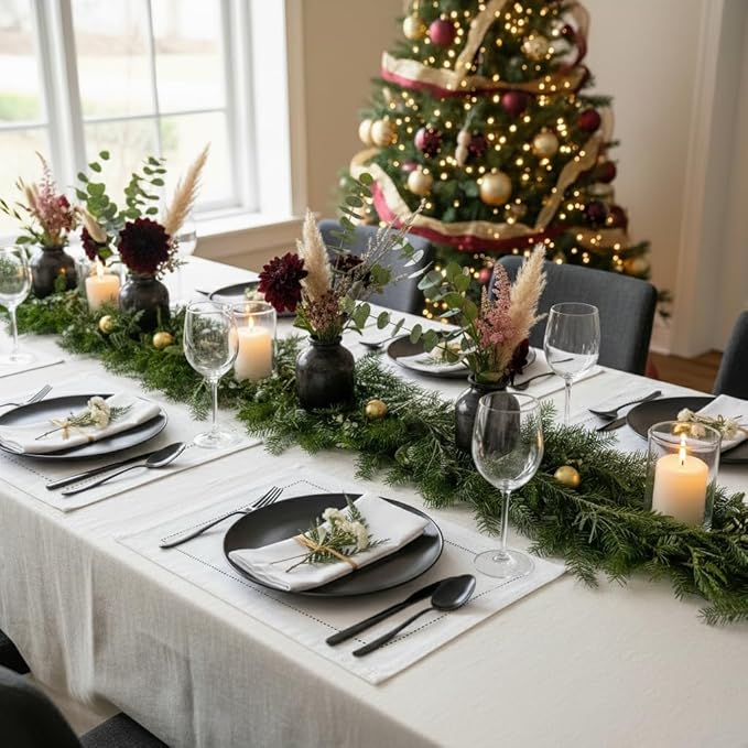 D'Moksha Homes White Linen Placemats Set of 4 - Classic Hemstitch Placemats 14 x 19 Inch - 100% Pure Linen Table Mats for Valentines, Holiday, New Year - Handcrafted and Machine Washable