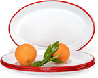 Red Co. Set of 4 Enamelware Metal Classic 13" Serving Oval Tray Platter, Solid White/Red Rim