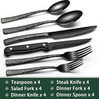 EWFEN 24-Piece Black Silverware Set with Steak Knives, Black Flatware Set for 4, Food-Grade Stainless Steel Tableware Cutlery Set, Mirror Finished Utensil Sets for Home Restaurant, Wave Hammered