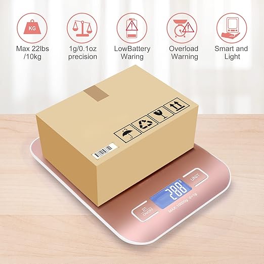 Digital Shipping Scale,Stainless Steel Panel, Accurate Portable Postal Scale for Packages, Small Business,Kitchen, Food, Handmade, Liquids, and Boutique (Rose Gold Rechargeable(10kg/1g))