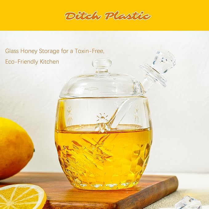 kanpura Honey Pot with Dipper and Lid Glass Honey Jar with Dipper Wide Mouth Honey Containers Airtight Syrup Honey Dispenser for Christmas Home Kitchen(7.5 OZ)