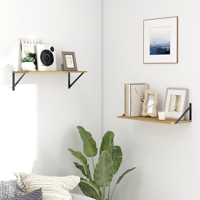 Fun Memories Deep Floating Shelves for Wall, 24W x 8D Wall Mounted Shelves Set of 2, Wide Display Ledge Shelf with Sturdy Metal Brackets for Living Room, Bathroom, Bedroom and Kitchen, Oak