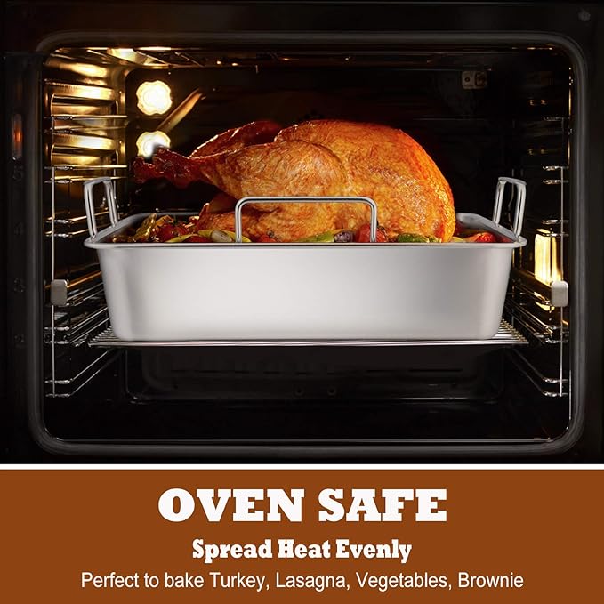 P&P CHEF 14" Roaster Roasting Pan with Baking Rack and V-shaped Rack, Stainless Steel Rectangular Lasagna Pan with Handles for Turkey Chicken, Healthy & Dishwasher Safe, 3 Pieces, Silver