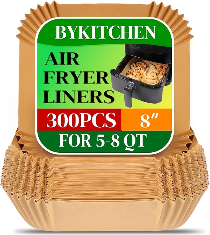 BYKITCHEN 300PCS Disposable Air Fryer Paper Liners for Ninja AF141 5 QT Pro AF181 6.5QT, Cosori Chefman 6 QT &Other 5 to 8Qt Airfryer, 8in Square Air Fryer Parchment Paper, Airfryer Basket Accessories