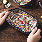 Ceramic Baking Casserole Dish with Handles,Elegant Floral Design Rectangular Lasagna Pan Bakeware for Baking Cooking, Roasting, Broiling, Gratin
