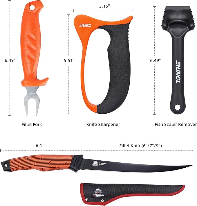 RUNCL Fishing Fillet Knife Combo Set, Fishing Tools Kit With 7" Fillet Knife, Fillet Fork, Knife Sharpener and Fish Scaler Remover, 4 Pieces fishing Kit Tool, Perfect for Fresh or Saltwater