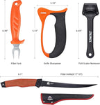 RUNCL Fishing Fillet Knife Combo Set, Fishing Tools Kit With 7" Fillet Knife, Fillet Fork, Knife Sharpener and Fish Scaler Remover, 4 Pieces fishing Kit Tool, Perfect for Fresh or Saltwater