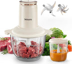 Kawu Electric Food Processor & Meat Grinder, 8 Cup (2L)+0.3L Glass Bowls, 2 Speeds with Stainless Steel Blades, 300W Mini Vegetable Chopper Food Blender for Home Kitchen